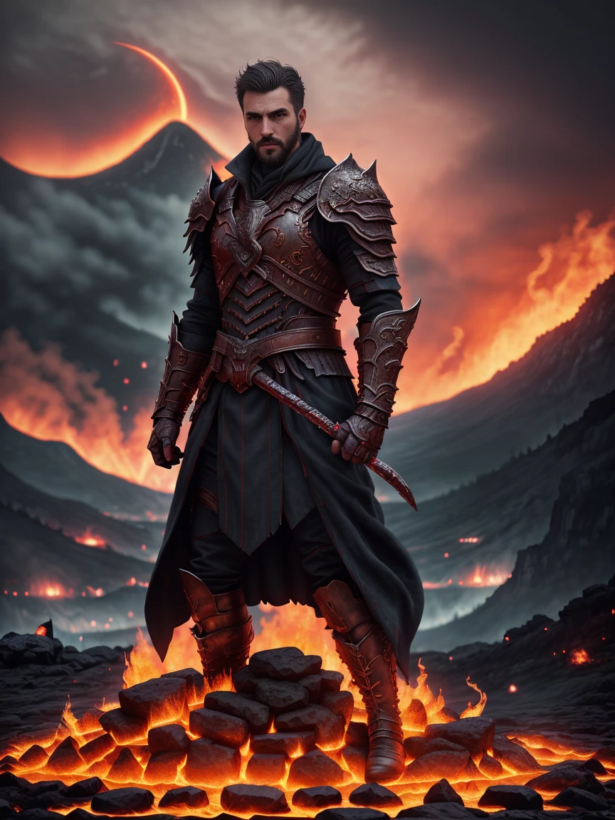 1man, A shot of a charismatic male fitness model, 30 years old，small beard, Sexy and charming expression，gloomy eyes，Blue eyes, captured in a castle, emb3r4rmor, wearing a embers spartan armor, dynamic pose,  Background with fire around mountains and red sky with a giant blood moon, bloodborne. The composition is expertly crafted, with breathtaking attention to detail and cinematic lighting. The overall aesthetic is reminiscent of Fujifilm photography, capturing the beauty and depth of the scene