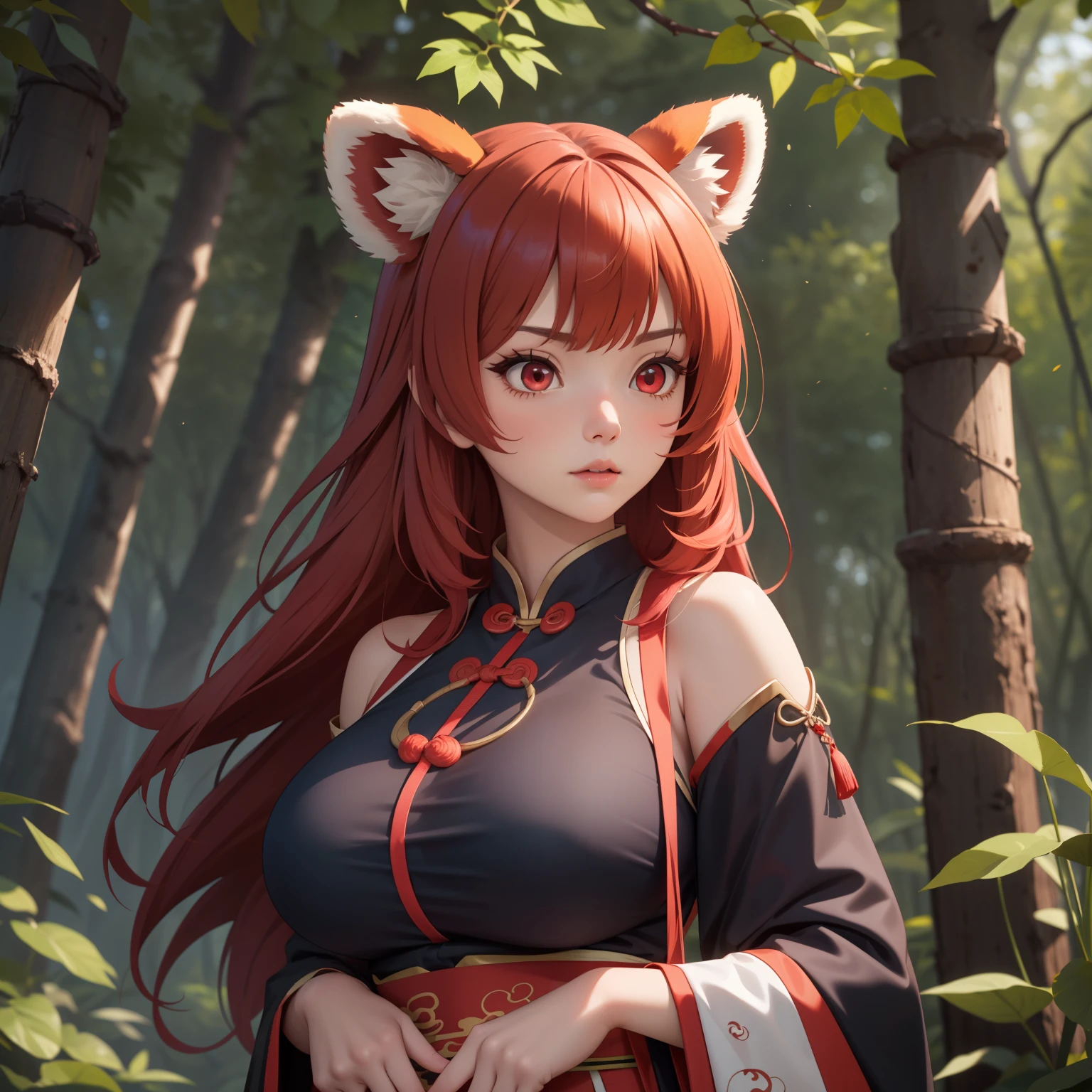 lonely woman, red panda girl,  red panda ears., red hair with white, red eyes,  pale skin, , ,  challenging look .Big Breasts , Black and blue low-cut ancient Chinese costume, accessories and jewelry, background a forest.