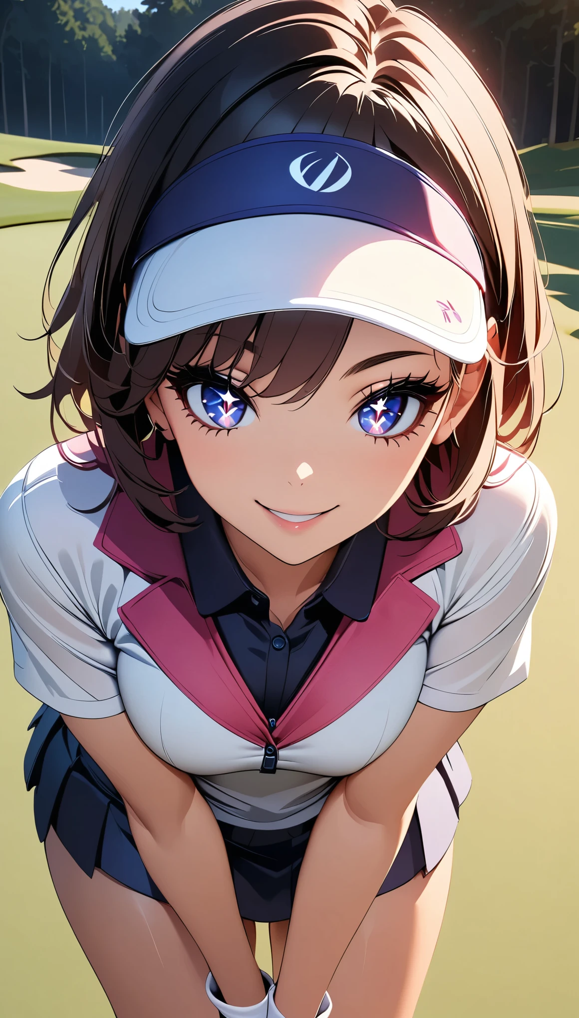 Sun visor, Golf Wear, Tight mini skirt, ((A cheerful smile, View your viewers)), (Detailed face, Beautiful Eyes, Detailed lips, Long eyelashes), Beautiful and sexy female professional golfer, An athletic body, Very detailed, 8k, Beautiful CG illustrations, Anime Style, Chiaroscuro Lighting, Dramatic Shadows, Golf Clubs, Golf Course, Happy Time, Enchanting, White skin, Sparkling Eyes, Delicate features, Glossy skin, Delicate fabric, Expressive pose, Cinematic composition, Dramatic Pose, Dramatic lighting, Vibrant colors, Golf Course環境.