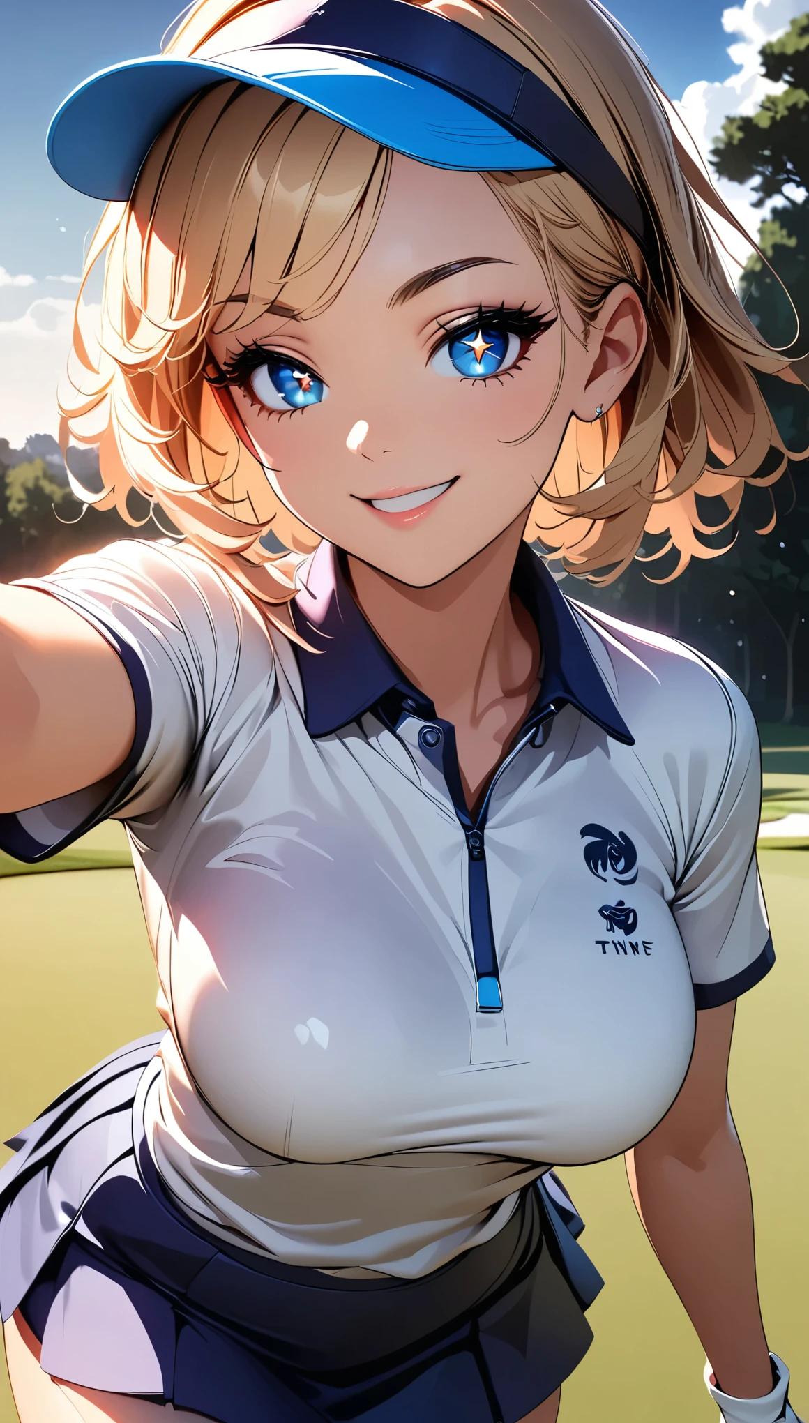 Sun visor, Golf Wear, Tight mini skirt, ((A cheerful smile, View your viewers)), (Detailed face, Beautiful Eyes, Detailed lips, Long eyelashes), Beautiful and sexy female professional golfer, An athletic body, Very detailed, 8k, Beautiful CG illustrations, Anime Style, Chiaroscuro Lighting, Dramatic Shadows, Golf Clubs, Golf Course, Happy Time, Enchanting, White skin, Sparkling Eyes, Delicate features, Glossy skin, Delicate fabric, Expressive pose, Cinematic composition, Dramatic Pose, Dramatic lighting, Vibrant colors, Golf Course環境.