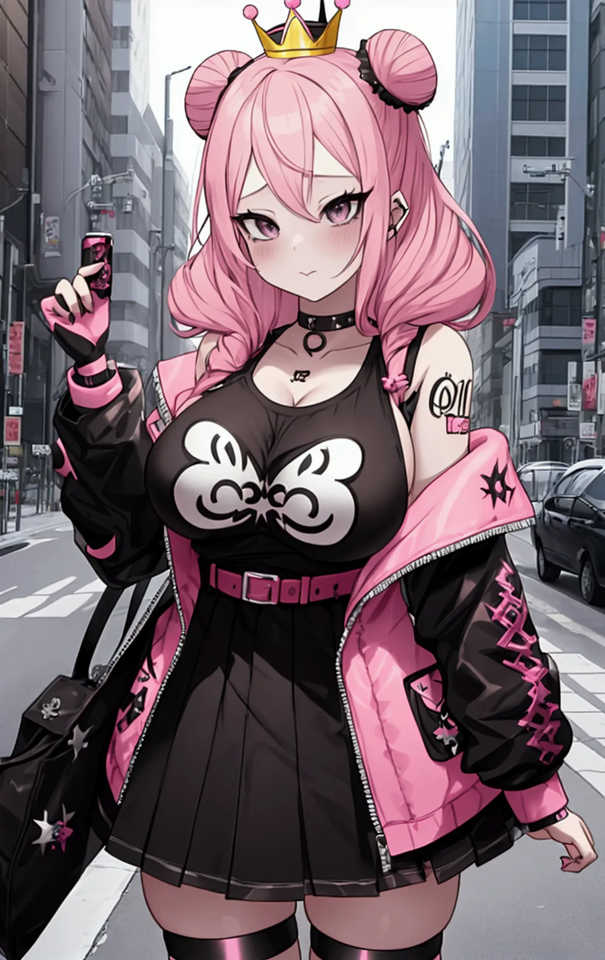 araffe girl with pink hair and a crown on her head, dressed in punk clothing, dressed in crustpunk clothing, anime girl cosplay,...