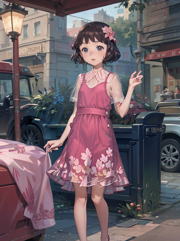 Realistic Skin, , Very short stature，Very thin thighs，，Small child:1.3，((Fully transparent:1.3) Sheer Floral Casual Dress)，naked，outside，Late summer park garden，