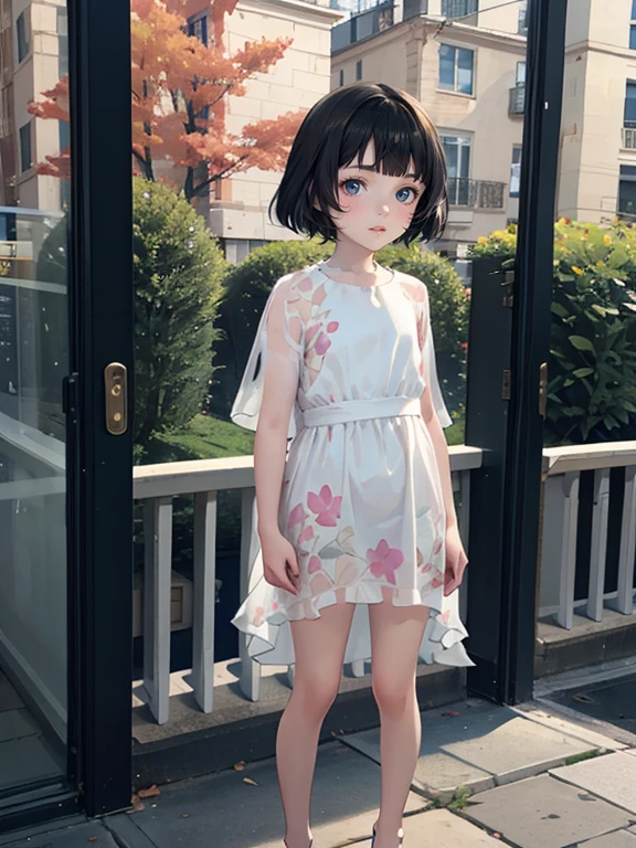 Realistic Skin, , Very short stature，Very thin thighs，，Small child:1.3，((Fully transparent:1.3) Sheer Floral Casual Dress)，naked，outside，Park garden in early autumn，