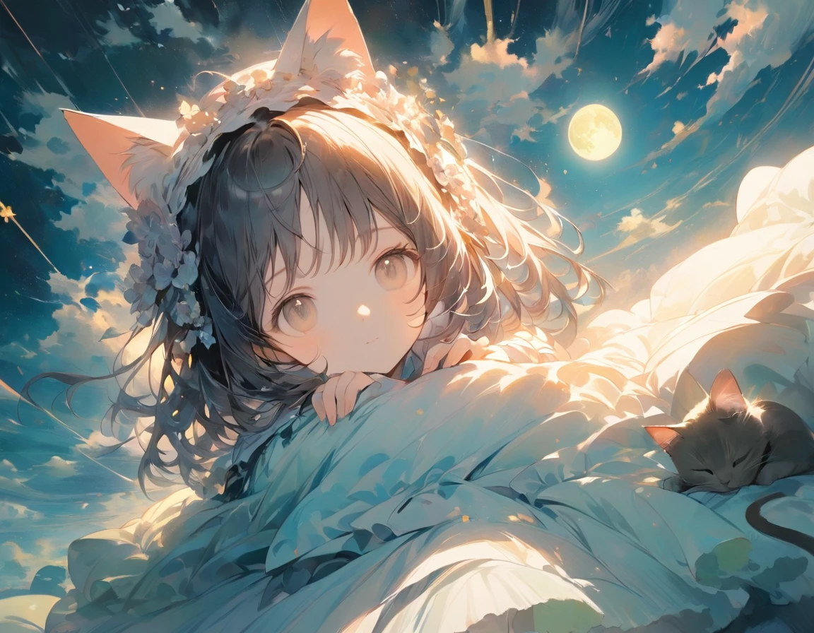 ((Best quality)), ((Excellent)), (Details), 8k,Woman and Cat Resting on a Floating Cloud Island
A tranquil setting of a woman lounging on a floating cloud island high in the sky. She reclines on a soft cloud bed, surrounded by light mist. A curious cat sleeps curled up beside her. The sky is a soft, pastel blue with a few small, scattered clouds. The woman is wearing a light, pastel-colored dress, and the cat has soft fur. They are enveloped in a peaceful, floating world, far above the earth, with the glow of a full moon casting a gentle light., conceptual art, jpeg artifacts, first person perspective, close up of cat, ultra high resolution, anatomically correct, attention to detail, highly detailed