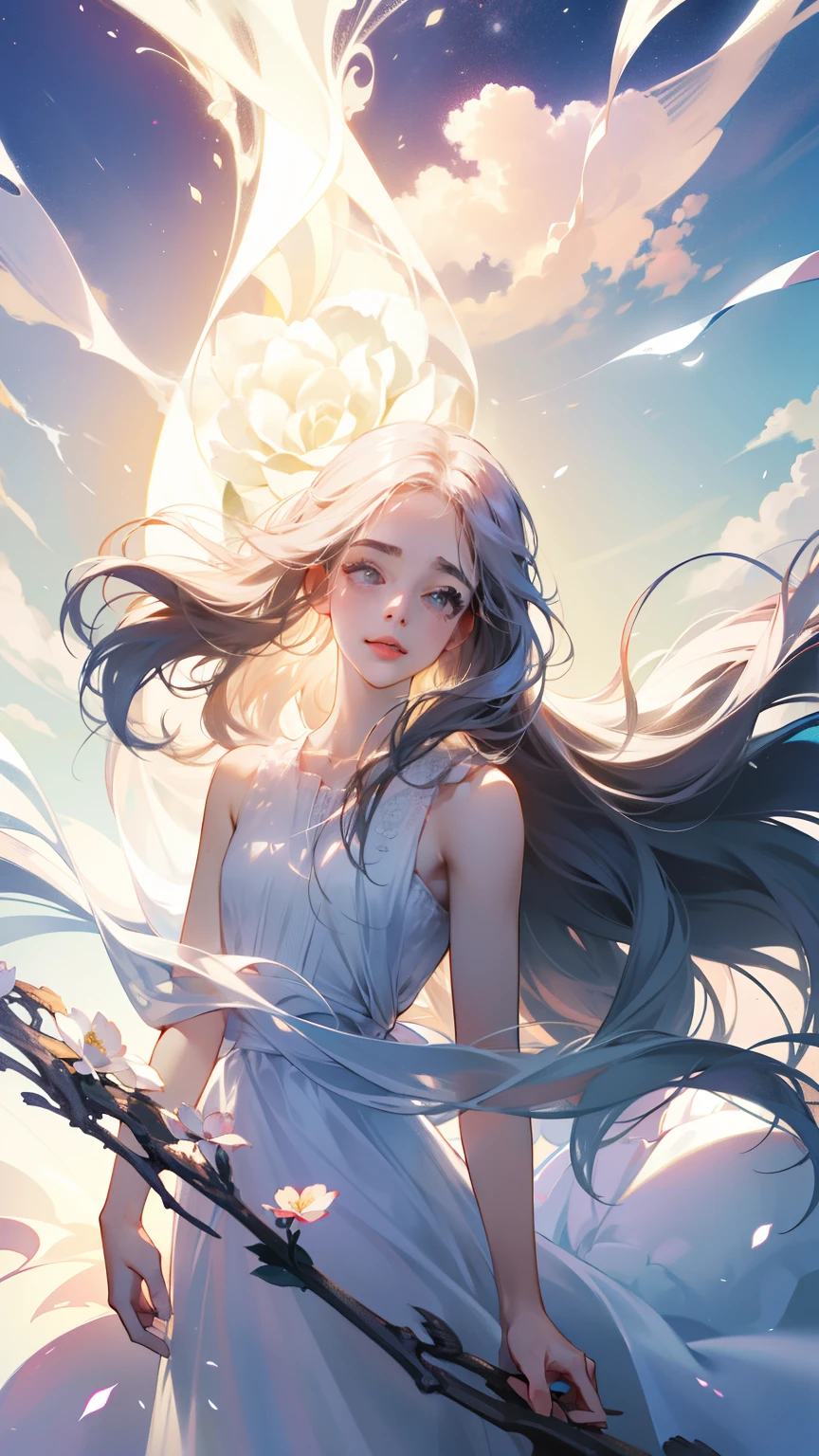 An 1 girl is wearing a rosa rose, long hair, Sleeveless White Dress, holding a rosa rose. Feeling the scent of the flower, bright fantasy, surrealism, Michael Cormac, rosa, Monochromatic tranquility, Bright atmosphere, Sun light, Happiness, Happiness, It&#39;s a smile,