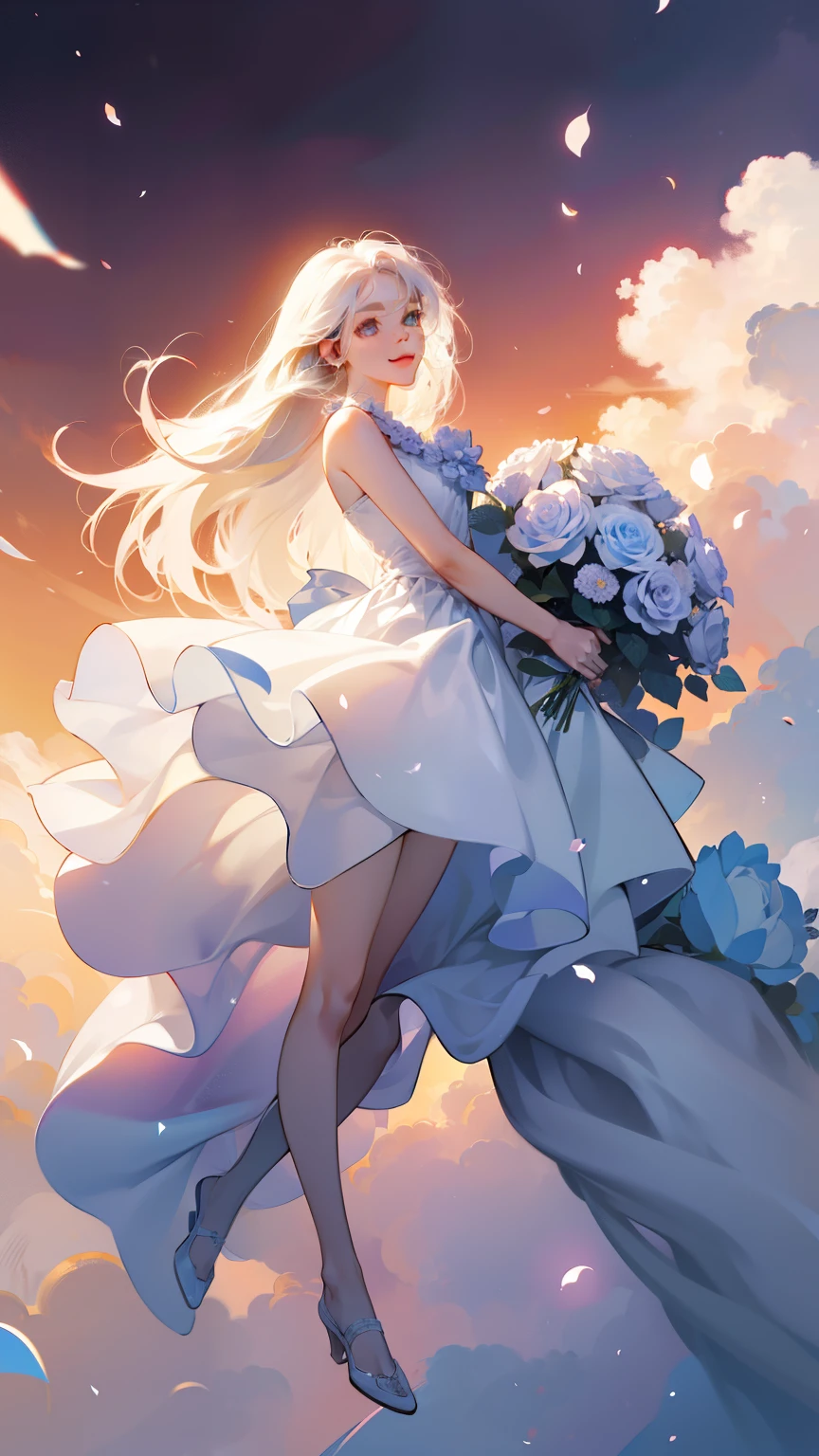 An 1 girl is wearing a rosa rose, long hair, Sleeveless White Dress, holding a rosa rose. Feeling the scent of the flower, bright fantasy, surrealism, Michael Cormac, rosa, Monochromatic tranquility, Bright atmosphere, Sun light, Happiness, Happiness, It&#39;s a smile,