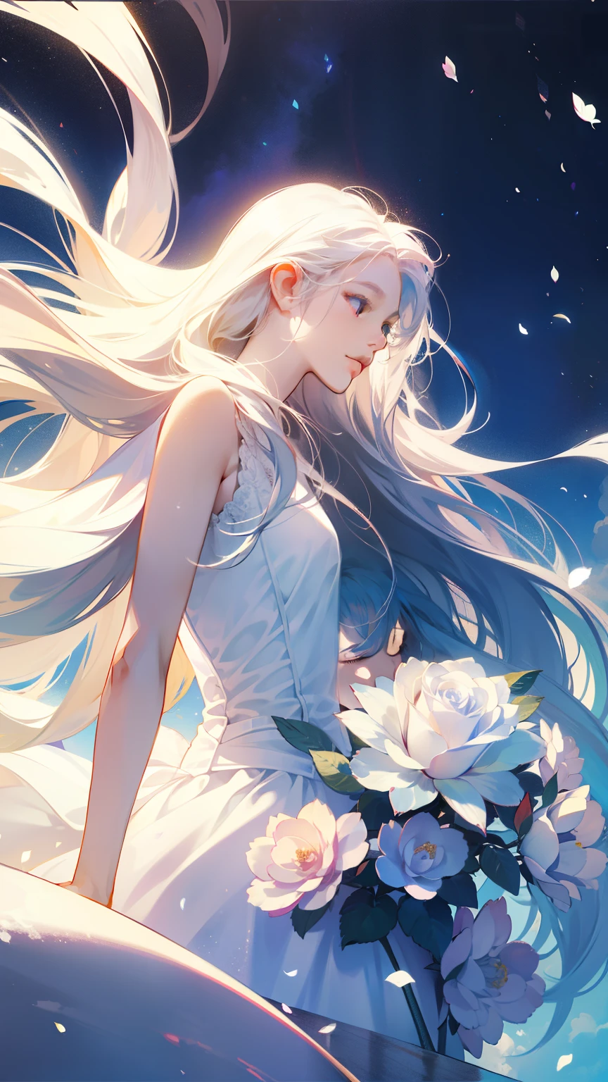 An 1 girl is wearing a rosa rose, long hair, Sleeveless White Dress, holding a rosa rose. Feeling the scent of the flower, bright fantasy, surrealism, Michael Cormac, rosa, Monochromatic tranquility, Bright atmosphere, Sun light, Happiness, Happiness, It&#39;s a smile,