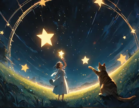 ((best quality)), ((excellent)), (details), 8k,woman and cat toasting under the stars
a magical outdoor scene where a woman stan...