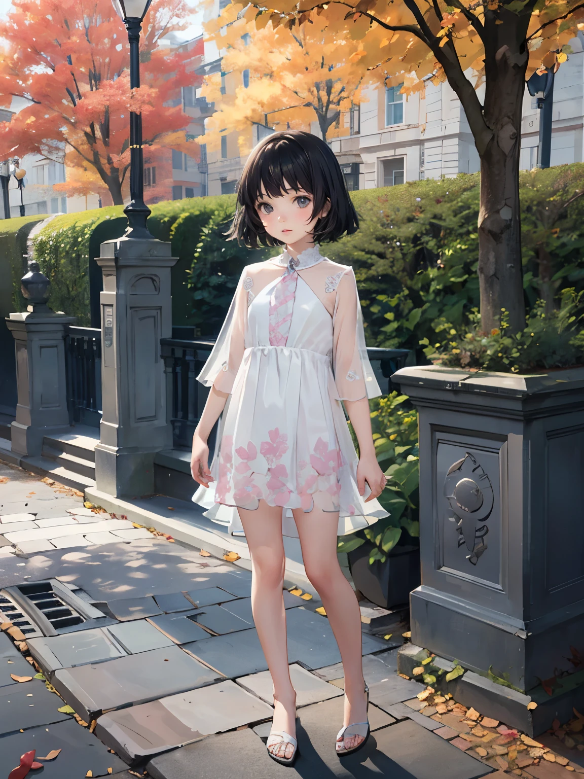 Realistic Skin, , Very short stature，Chibi，Very thin thighs，，Small child:1.3，((Fully transparent:1.3) Sheer Floral Casual Dress)，naked，outside，Park garden in early autumn，