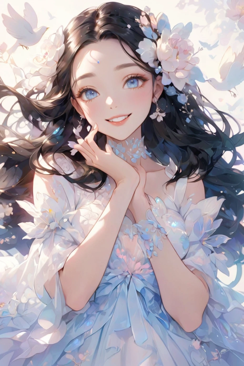 Skin details, Beautiful facial features, Exquisite makeup, Exquisite blue eyes,lip,big smile,forehead,detailed,bird,flowers,Glossiness,((kindness)),pastel theme