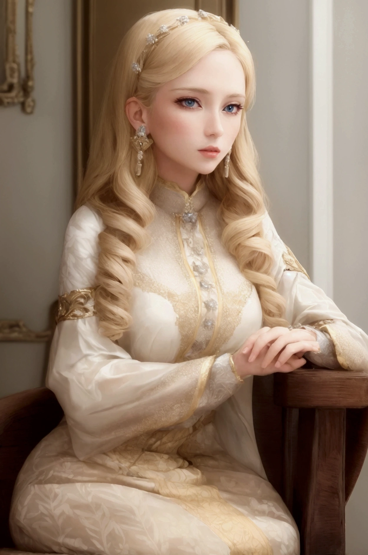 Woman, noble duchess, pearly blonde hair, light eyes, fair skin, noble clothes.