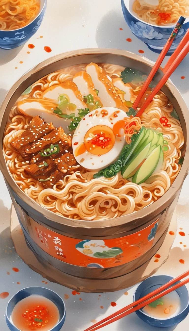 Top view of instant noodles in a bucket，The beauty of ancient Chinese style，Delicious noodles，Bright colors，Appetizing design floor plan，Diverse perspectives，Anime style Chinese style。