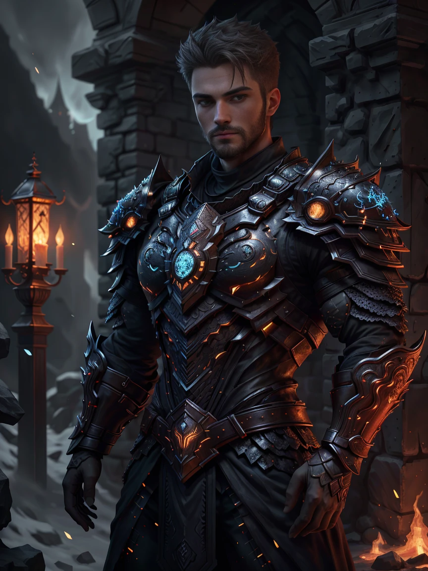 1man, A shot of a charismatic male fitness model, 30 years old，small beard, Sexy and charming expression，gloomy eyes，Blue eyes, captured in a castle, emb3r4rmor, wearing a embers spartan armor, dynamic pose, night lighting, cinematic and moody, (best quality,4k,8k,highres,masterpiece:1.2),ultra-detailed,(realistic,photorealistic,photo-realistic:1.37),HDR,studio lighting,professional,vivid colors,dramatic lighting