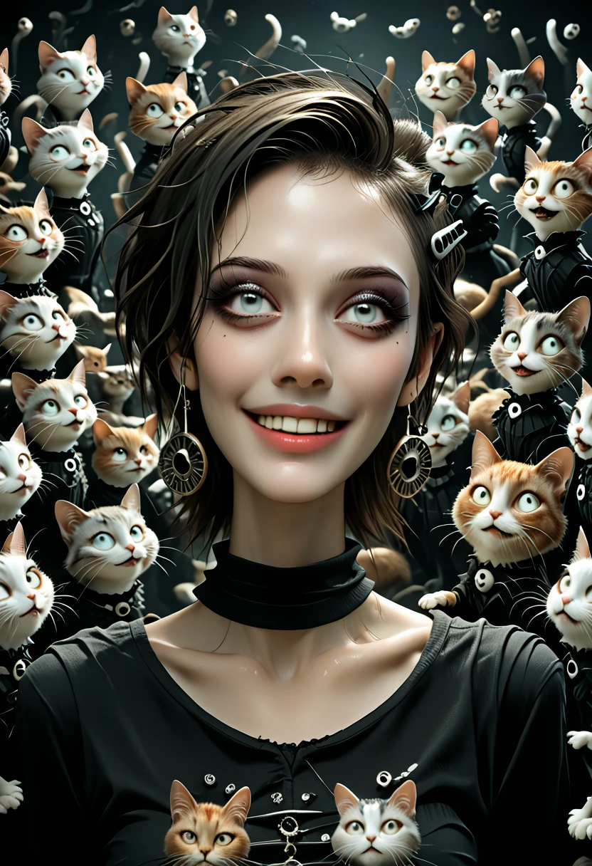 Portrait of a beautiful young punk woman, dressed in tights and a black blouse in the style of Tim Burton, and surrounded by smiling cats in a complicated Moebius strip geometry.