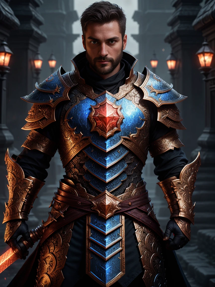 1man, A shot An awe-inspiring male paladin, 30 years old，small beard, Sexy and charming expression，gloomy eyes，Blue eyes, emb3r4rmor, shirtless, wearing a embers tasset and greaves, dynamic pose,  wielding a sword imbued with red radiant light, emanating potent light magic. The scene is set in a dark and mysterious cityscape, illuminated by the glow of the paladin's sword. The composition is expertly crafted, with breathtaking attention to detail and cinematic lighting. The overall aesthetic is reminiscent of Fujifilm photography, capturing the beauty and depth of the scene