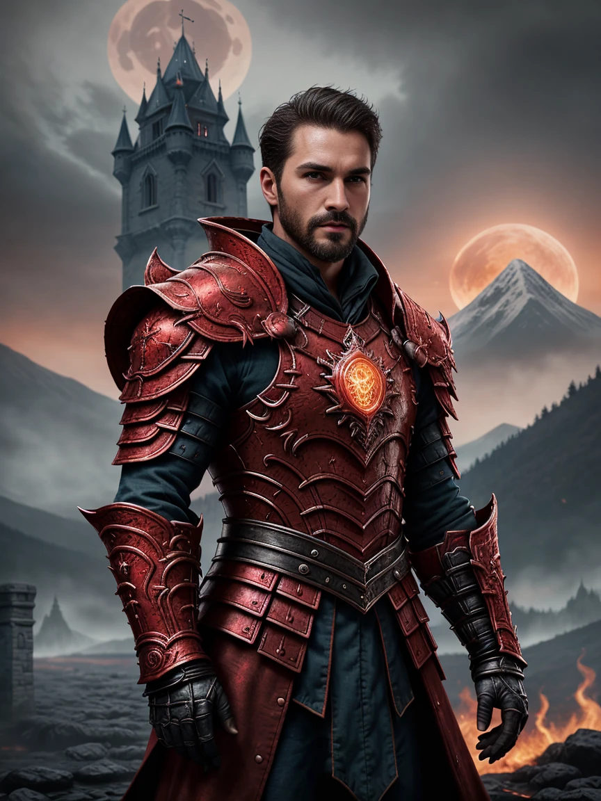 1man, A shot of a charismatic male fitness model, 30 years old，small beard, Sexy and charming expression，gloomy eyes，Blue eyes, captured in a castle, emb3r4rmor, wearing a embers spartan armor, dynamic pose, Background with fire around mountains and red sky with a giant blood moon, bloodborne. The composition is expertly crafted, with breathtaking attention to detail and cinematic lighting. The overall aesthetic is reminiscent of Fujifilm photography, capturing the beauty and depth of the scene