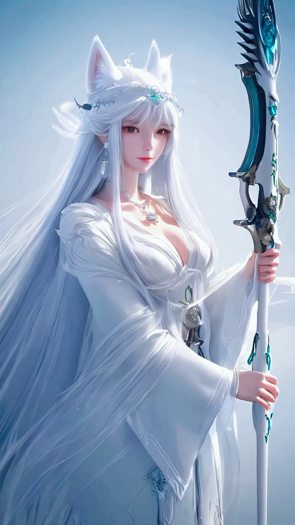 snowfield,a japanese woman,White long hair shawl,mechanical headgear,mechanical earrings,necklace jewelry,Furry wolf ears,Large Breasts,Beautiful figure,Wearing a white mechanical suit,Wearing a white cloak,Holding a long battle ax,Follow the big white wolf