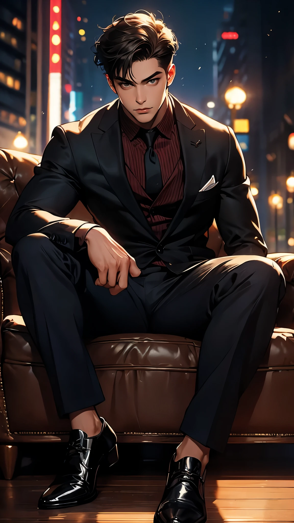 ((masterpiece)), envision a 8k, highres, cinematic, detailed, full body pinup of a boy, slender muscular body, ((cute face)), slender face, big eyes, thick eyebrows, ((round face)), cute, sleek brown hair, green eyes, knitted sweater, slacks, dress shoes, (((1boy))), in dark lighting, against a dark background