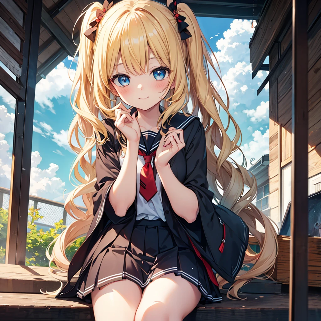 Woman gazing diagonally upwards, {{{Soft smile}}}, Black Sailor Suit, Long skirt, {{{{{Bright yellow long wavy hair}}}}}, Best Quality,Best image quality,Perfect Anatomy,masterpiece,Very detailedな,beautiful,super high quality, Best Quality,High resolution, Very detailed,Game CG,Dutch Angle ,beautiful details,Visual Arts,Five fingers, Perfect hands,Hide your hands, {{{One Girl}}}, Beautiful detailed girls, Game CG, masterpieceアニメ，Best Quality, Very detailedな顔，Power Pro, Sugami Hisashi, {{{One Girl}}}, Blue Eyes, Female Manager, School grounds, Yellow tie, Sleepy smile, Knee-high portrait, Three-dimensional background, Multiple clouds,