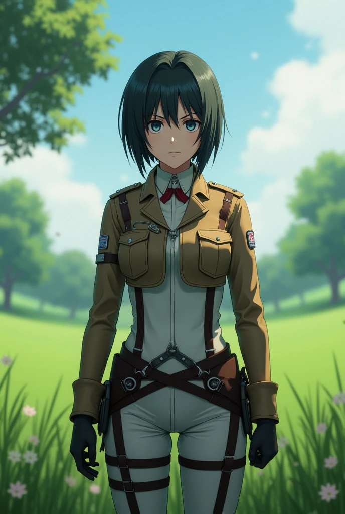 There is a shadow、Photorealistic, full body, full body、3D、Ultra high definition、front view, Alone, 1 person, Attack on Titan character, wears Recruit Troop clothing 、digital art、The background is a meadow.