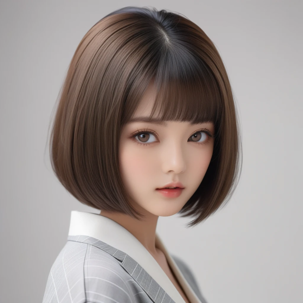 Highest quality　masterpiece　High resolution　masterpiece　Brown Bob　　Grey Eyes　blunt cut, Japanese girl 