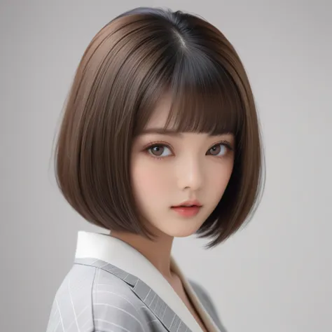 highest quality　masterpiece　high resolution　masterpiece　brown bob　　grey eyes　blunt cut, japanese girl