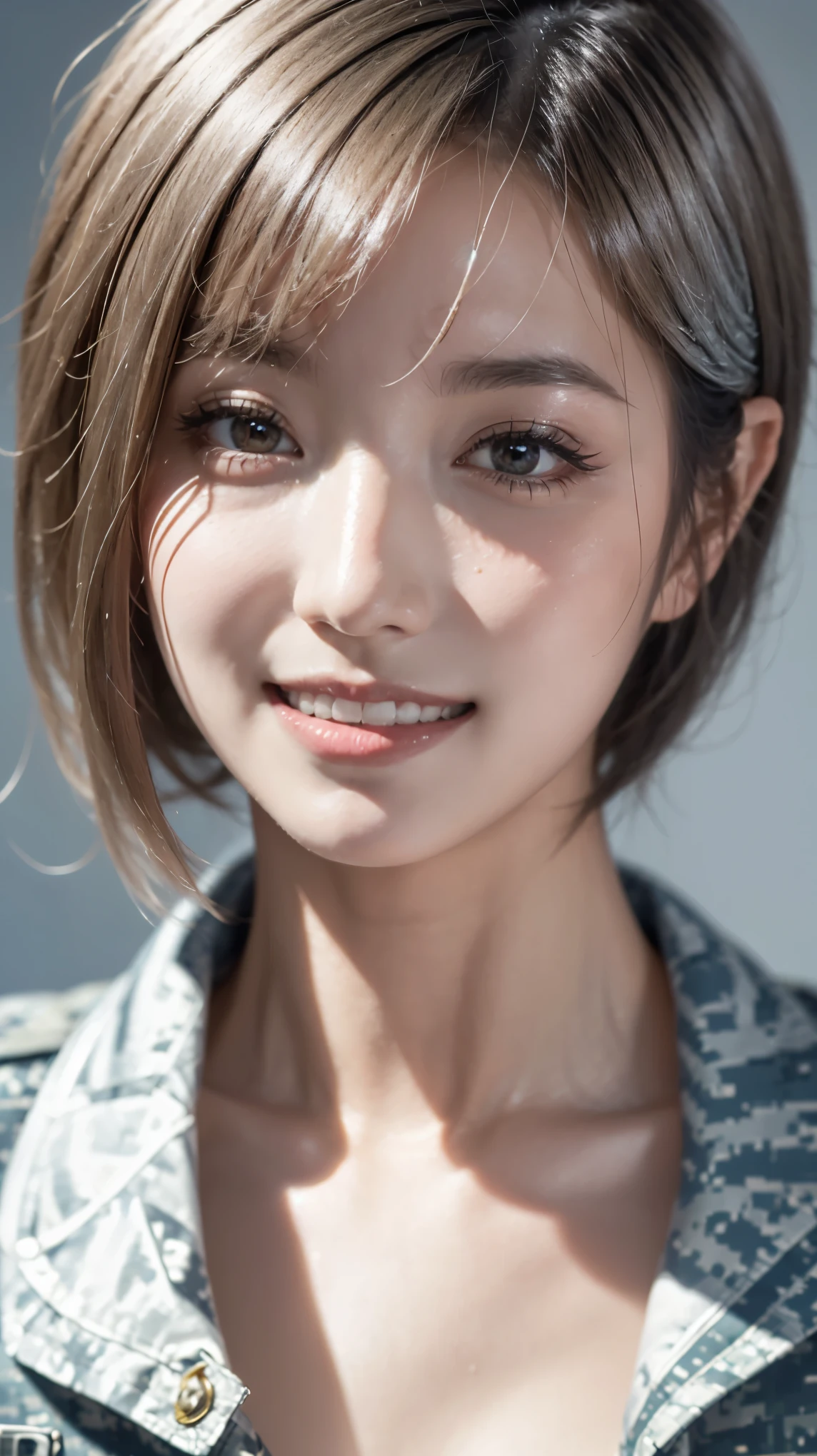 Realistic, masterpiece, Best Quality, Highest Resolution, Portrait of a Japanese woman, Only the upper body is depicted, Portrait Background, Happy smile, Turn a little to the side, Always observe the audience, Beautiful and detailed eyes, Dark Eyes, Looks sleepy, Shining Eyes, (Hidden eyelid wrinkles:1.2), Thin eyebrows, Draw eyelashes carefully, Natural Makeup, (Short Hair, Silver Hair:1.3), Detailed face, (Face close-up:1.2), ((Military jacket), naked)