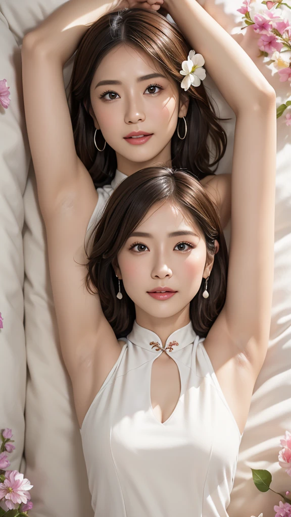 (Best Quality、Tabletop、8k、Best Quality、Award-winning)、美しい女性1 person、(1 person:1.3)、Perfect beautiful composition、bed、(((Raise your arms:1.5))、(stretch:1.5)、(Waist、side、Belly button、Under the futon:1.5)、(Shoot from above:1.5)、
(Fractal Art:1.1),(colorful:1.1)(flower:1.3),Most detailed,([    "Intertwined:1.2),(Abstract background:1.3), (Chinese dress:1.5), (Shiny skin), (Mr.々Color:1.4), 
Earrings、Choker、Large Breasts、Accentuate your body lines、(Upper body close-up:1.5)、Look at me and smile a little、Droopy eyes、Natural Makeup、Beautiful face in ultra-high definition、Ultra HD Hair、Ultra HD Shining Eyes、Ultra HD perfect teeth、超HDのShiny skin、Ultra HD Glossy Lip、Accurate anatomy、成熟したAttractive女性、smile、Curvy、(Facial wrinkles:1.3)、Natural Makeup、Light brown hair、Curly long hair、Earrings、bracelet、Best Quality、Bokeh、sunlight、Mature Woman、Attractive、sexy、Gravure of pure white skin、From the chest up、Tabletop、Very detailed、Genuine、8k、