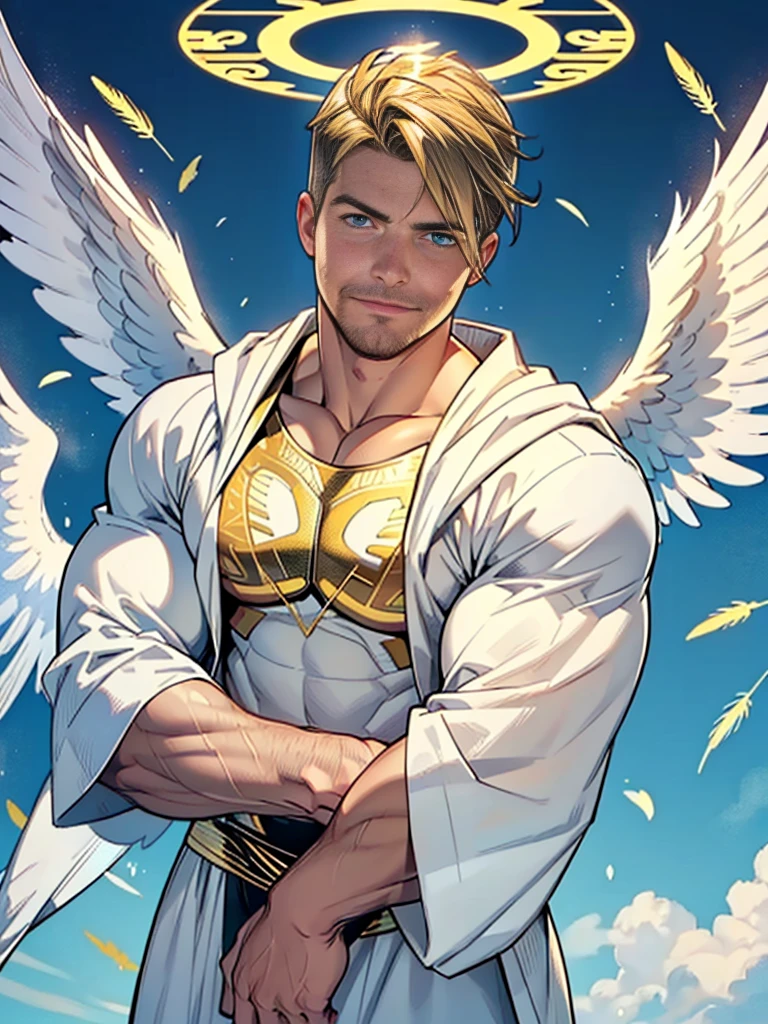 Clear background、A hunk and  handsome  man, (((flying with 2 large angel wings))) ((((StephenAMELL)))) as an angel ,He is 40,Thin waist,The pectoral muscles are well developed, He is 175cm tall,Weight 72 kg,blue-green eyes,dark blond hair color,short hair, with 2 spread angel wings,(((wearing white angel robe with golden patterns))), looking at the viewer with a heavenly Smile,nothing covers his head except a shiny halo over his head like a saint ,Lots of falling feathers,White feathers are floating everywhere,flying in the sky 