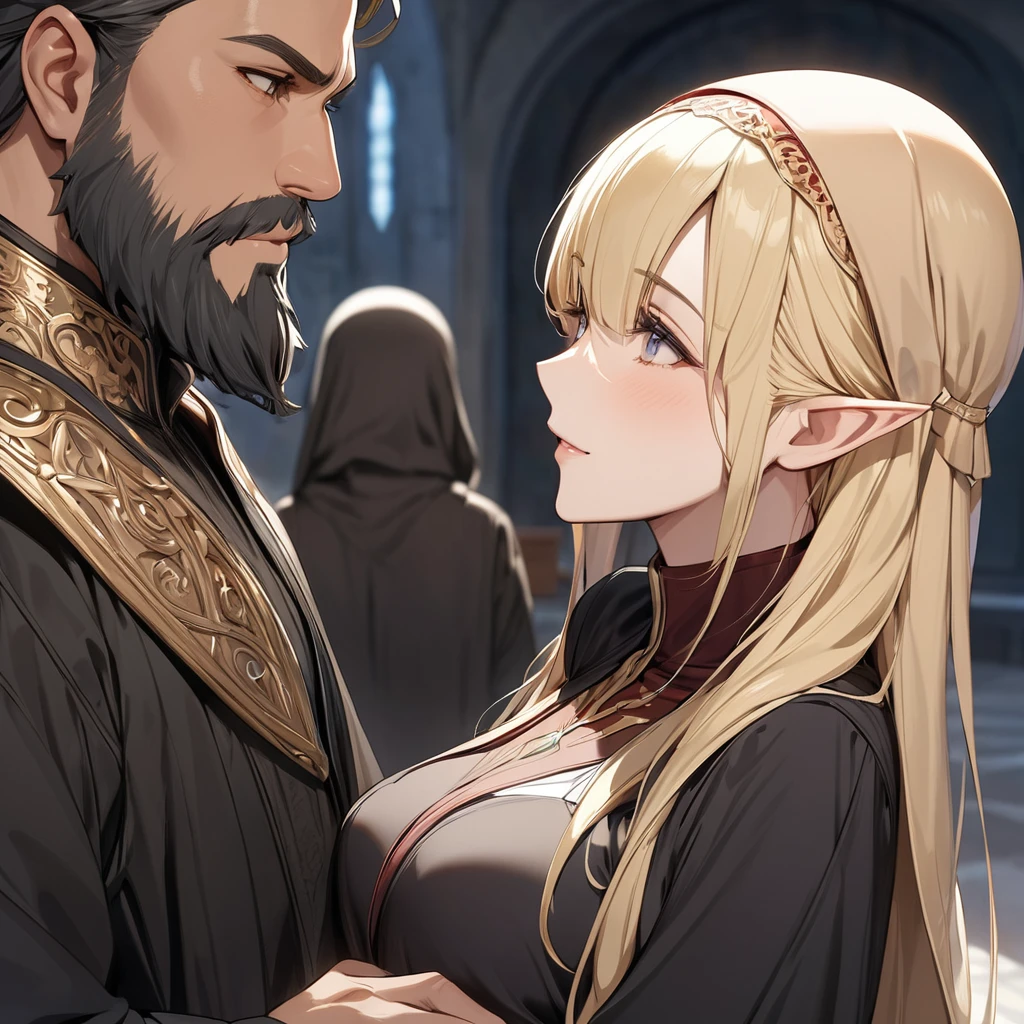 ((Best Quality)), ((masterpiece)), (detailed), （Perfect Face）、The female high elf is Seras Ashlain, a Muslim high elf with medium blonde hair wearing a black abaya and hijab.、The woman is married to a middle-aged Muslim man with a beard.