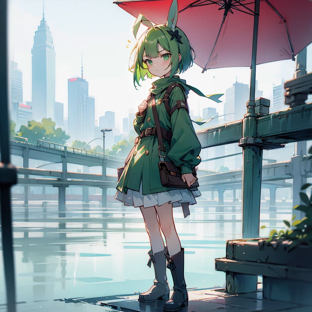 (long Green rabbit ears), green animal ears, (1 girl), green hair, green eyes, bob cut,, frowning, flushed, grumpy, shy, young, alone, Lolita, childhood, child, short, overall, rain coat, long boots, red hood, wide pants, harness, fingerless globe, belt, waist pouch, in the city, tiny, baby face, pastel academia, cel anime, Solo