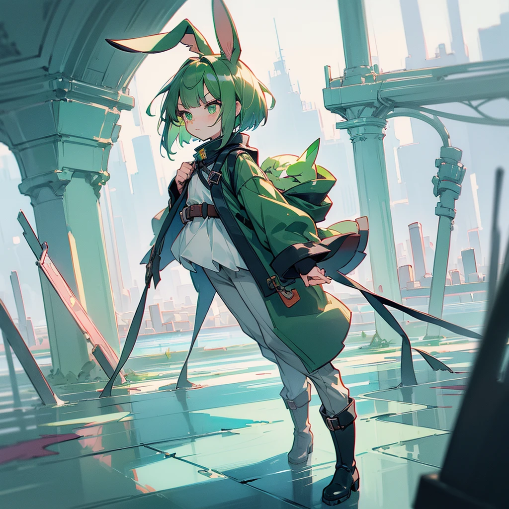 (long Green rabbit ears), green animal ears, (1 girl), green hair, green eyes, bob cut,, frowning, flushed, grumpy, shy, young, alone, Lolita, childhood, child, short, overall, black rain coat, long boots, red hood, wide pants, harness, fingerless globe, belt, waist pouch, in the city, tiny, baby face, pastel academia, cel anime, Solo