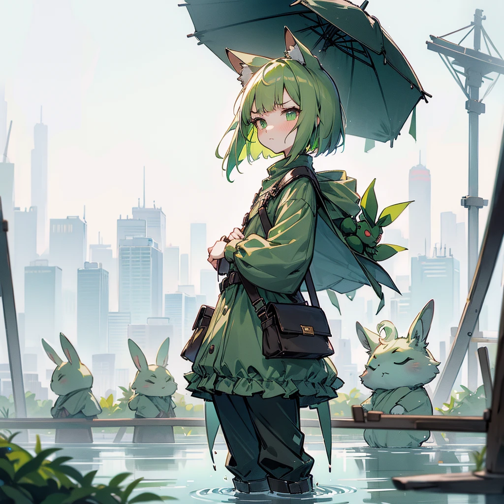 (long Green rabbit ears), green animal ears, (1 girl), green hair, green eyes, bob cut,, frowning, flushed, grumpy, shy, young, alone, Lolita, childhood, child, short, black rain coat, long boots, wide pants, harness, belt, pouch, in the city, tiny, baby face, pastel academia, cel anime, Solo