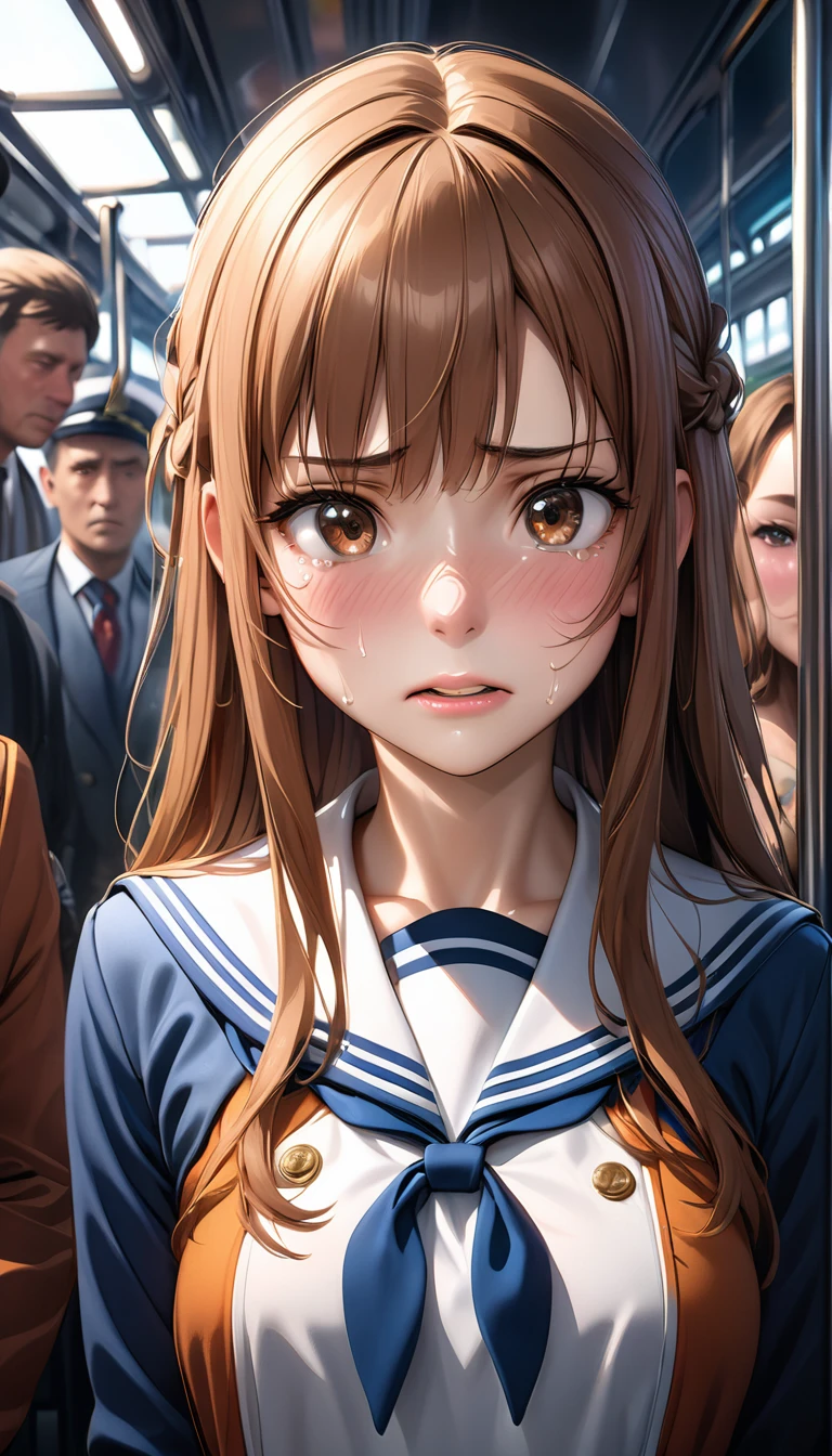 a beautiful young girl with long brown hair and bangs, detailed brown eyes, wearing a sailor uniform, being groped on a train, looking embarrassed and tearful, high quality 8k resolution digital artwork, highly detailed, photorealistic, masterpiece, cinematic studio lighting, vibrant colors, dramatic lighting, detailed facial features, intricate clothing folds, complex background, award winning digital art