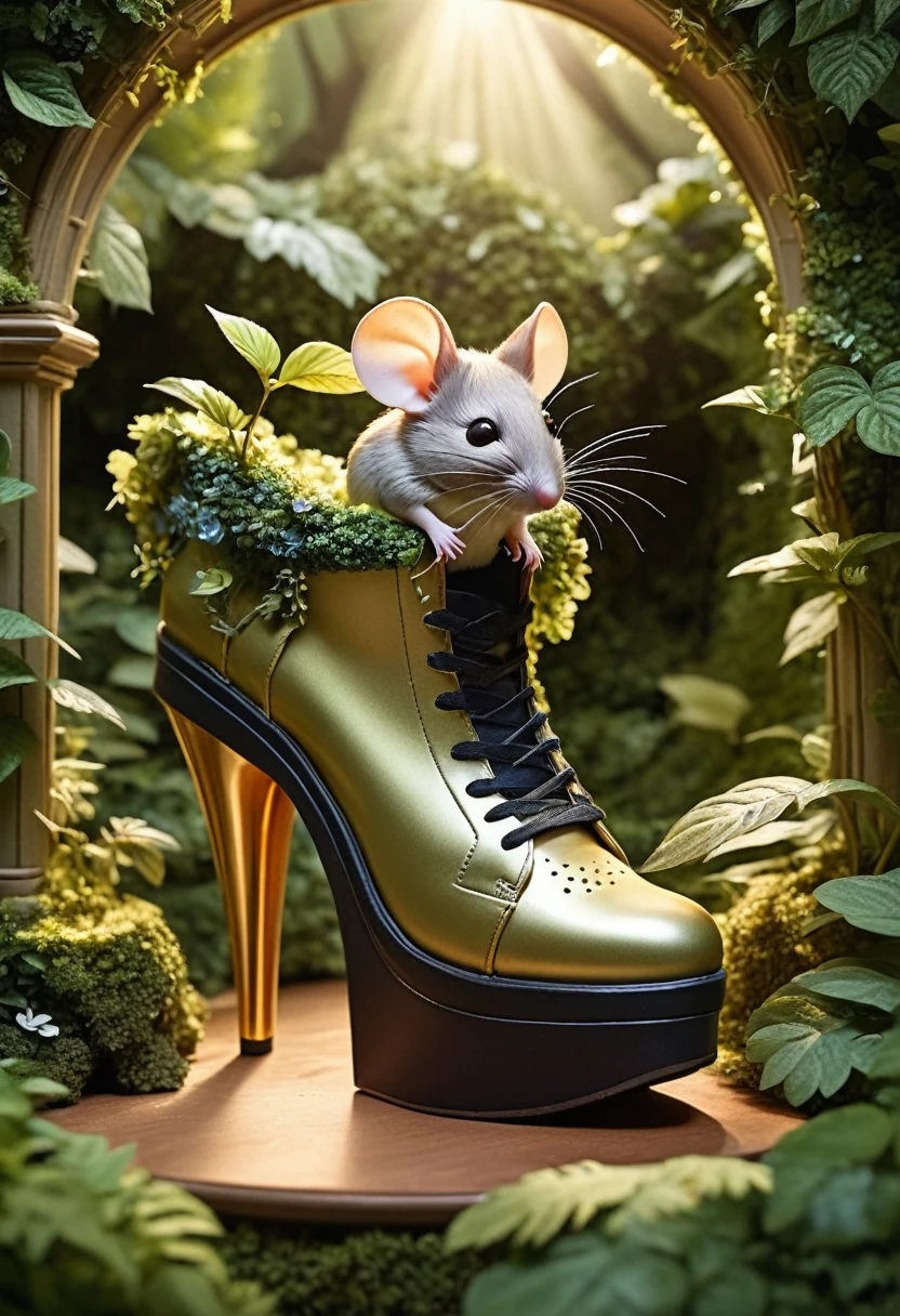 In a whimsical setting, a tiny mouse cautiously emerges from inside a giant high-heeled sneaker that resembles a gigantic mansion/high-heeled platform sneaker. The platform of the shoe serves as the entrance to our hero's cozy abode. Amidst lush foliage, its mischievous offspring frolic around the sneaker's high heel, surrounded by an enchanted forest filled with fantastical botanical wonders. A soft, ethereal light filters through the leaves, casting dappled shadows in the mystical atmosphere, inviting us into a realm of fantasy and limitless adventure.