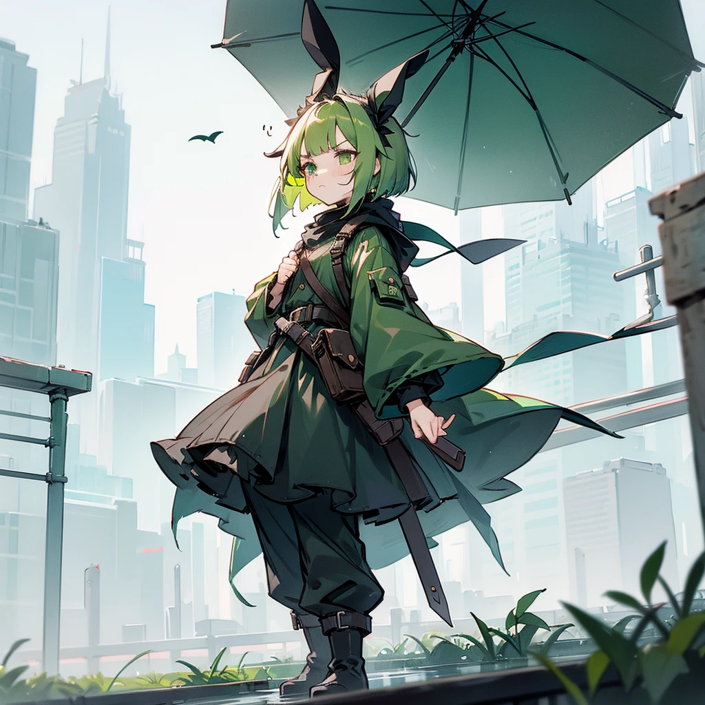 (long Green rabbit ears), green animal ears, (1 girl), green hair, green eyes, bob cut,, frowning, flushed, grumpy, shy, young, alone, Lolita, childhood, child, short, black hood, black rain coat, long boots, wide pants, harness, belt, pouch, in the city, tiny, baby face, pastel academia, cel anime, Solo