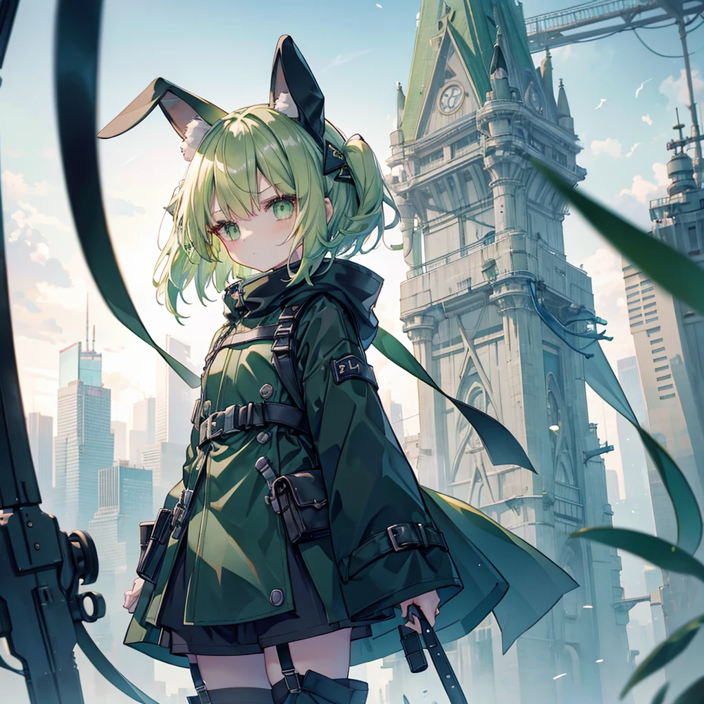 (long Green rabbit ears), green animal ears, (1 girl), green hair, green eyes, bob cut,, frowning, flushed, grumpy, shy, young, alone, Lolita, childhood, child, short, black hood, black rain coat, long boots, wide pants, harness, belt, pouch, midnight, tiny, baby face, pastel academia, cel anime, Solo