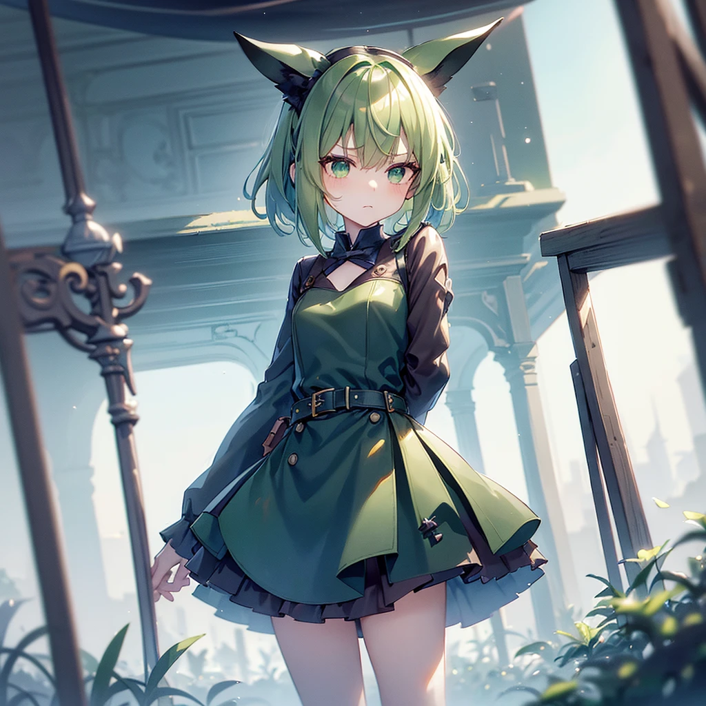 (long Green rabbit ears), green animal ears, (1 girl), green hair, green eyes, bob cut,, frowning, flushed, grumpy, shy, young, alone, Lolita, childhood, child, short, black hood, black rain coat, long boots, wide pants, harness, belt, pouch, with one hand Axe, midnight Forest, tiny, baby face, pastel academia, cel anime, Solo