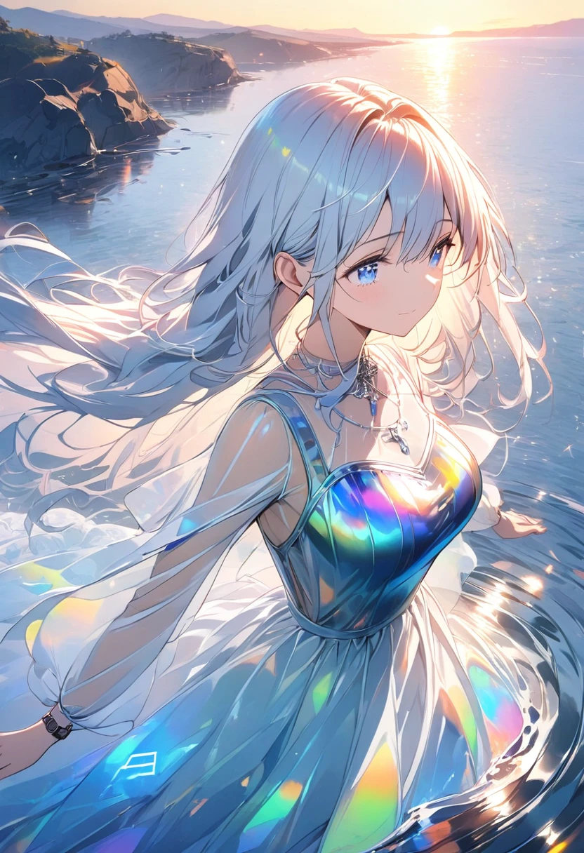 A woman watching the sunset,青いGlowing Runes,Glass Clothes,dress,Long Hair,White Hair,Hair blowing in the wind,blue eyes,Neon Colors,Crying Sunset in the background,Reflected on the water surface,horizontal line,Big Sunset,Blur Masterpiece,Best Quality,Exquisite,8k,Absurd,Ultra-detailed illustrations,(Watch the audience)