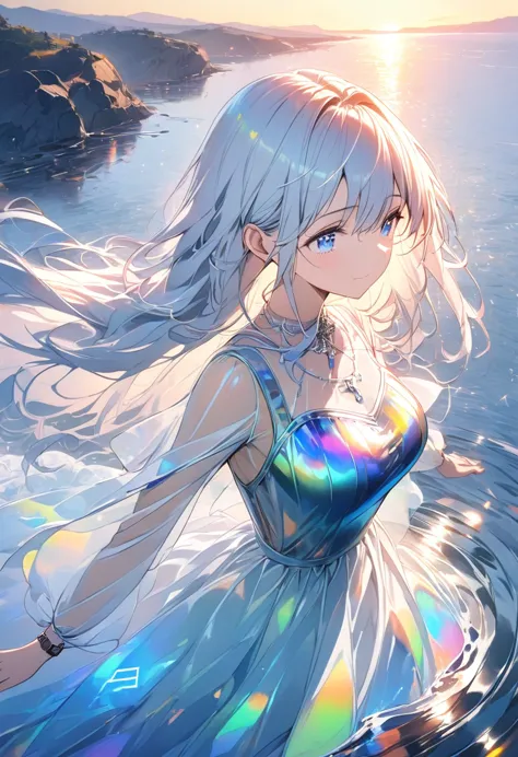 a woman watching the sunset,青いglowing runes,glass clothes,dress,long hair,white hair,hair blowing in the wind,blue eyes,neon col...