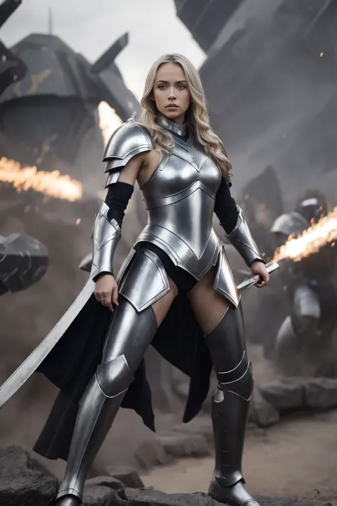 action dynamic full body shot of of well curved female princess in futuristic armor, beautiful blonde hair, grey eyes, fearsome ...