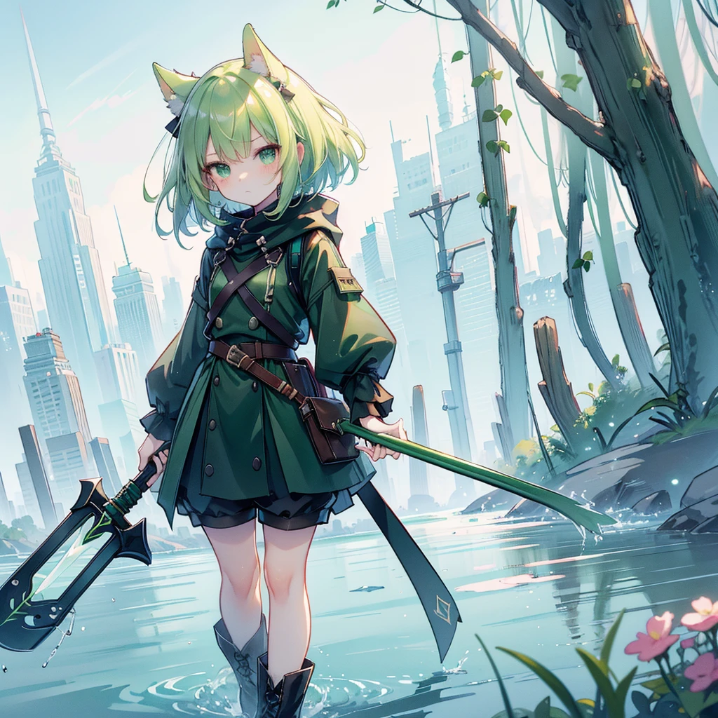 (long Green rabbit ears), green animal ears, (1 girl), green hair, green eyes, bob cut,, frowning, flushed, grumpy, shy, young, alone, Lolita, childhood, child, short, black hood, black rain coat, long boots, wide pants, harness, belt, pouch, with one hand Axe, midnight Forest, tiny, baby face, pastel academia, cel anime, Solo