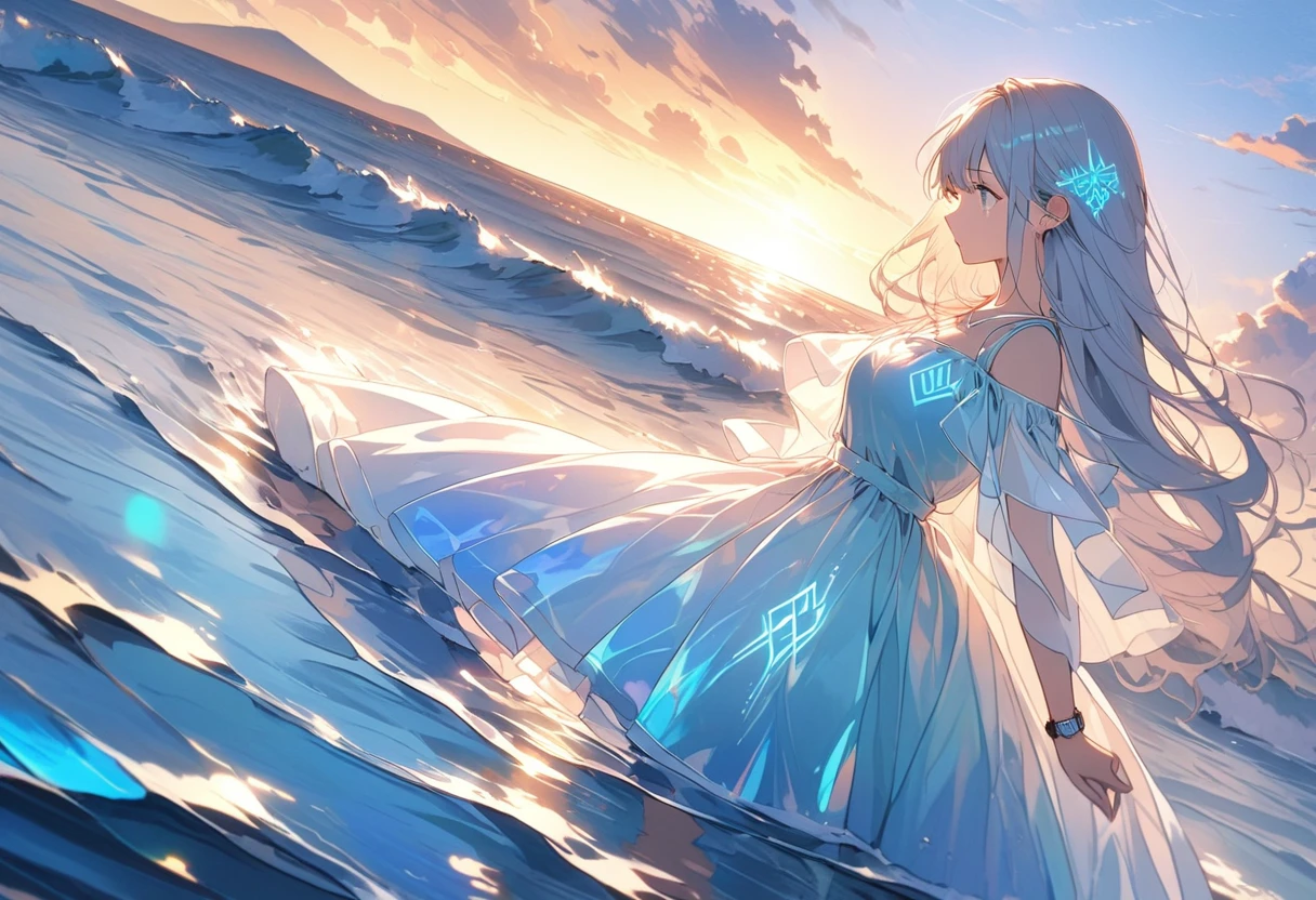 A woman watching the sunset,Glowing Runes,blue,Splash-like neon tattoo,Glass Clothes,dress,Long Hair,White Hair,Hair blowing in the wind,blue目,Neon Colors,Crying Sunset in the background,Reflected on the water surface,horizontal line,Big Sunset,Blur Best Scene,A moving masterpiece,Best Quality,Exquisite,8k,Absurd,Ultra-detailed illustrations,(Watch the audience),Angle from the side