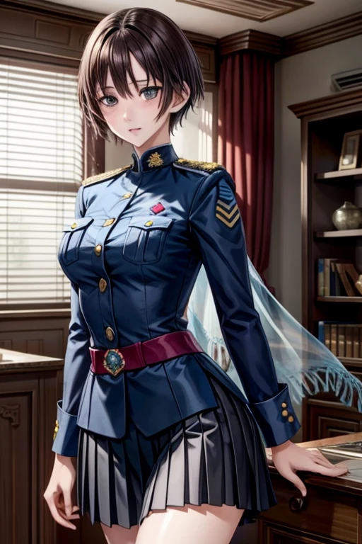 (Maximum resolution, Clear_image), , masterpiece, Very detailed, Semi-realistic, Brunette woman with shawl, Black pupil, Mature, Mature woman, Imperial sister, Sexy, Short hair, Three bangs, Light blue uniform, Light blue jacket, Soldier, Light blue pleated skirt, military uniform, warrior frontline, future, Science fiction, universe