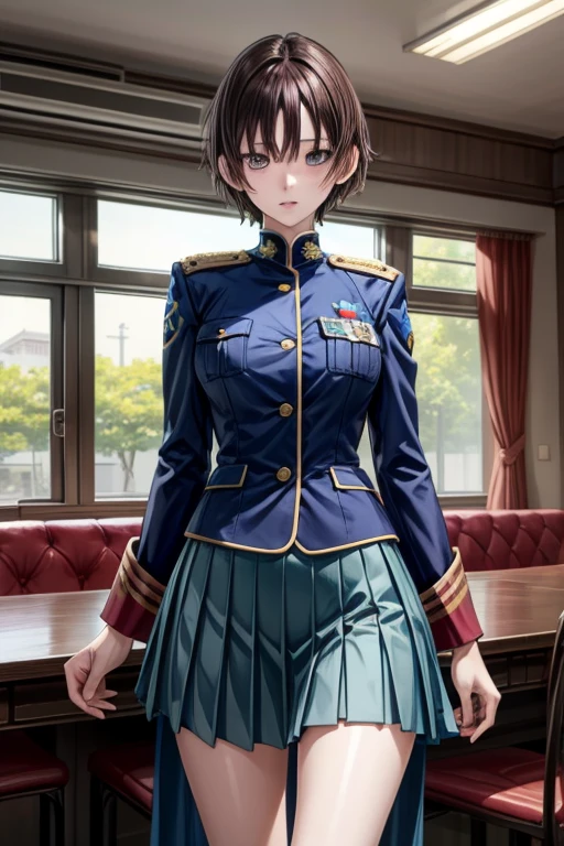 (Maximum resolution, Clear_image), , masterpiece, Very detailed, Semi-realistic, Brunette woman with shawl, Black pupil, Mature, Mature woman, Imperial sister, Sexy, Short hair, Three bangs, Light blue uniform, Light blue jacket, Soldier, Light blue pleated skirt, military uniform, warrior frontline, future, Science fiction, universe