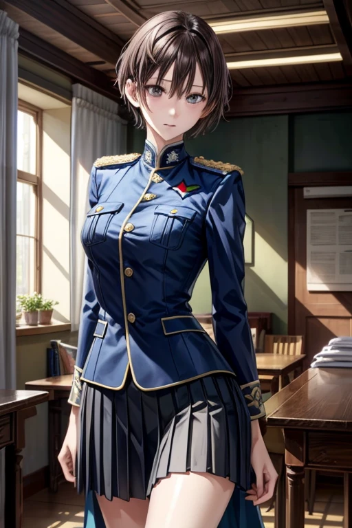 (Maximum resolution, Clear_image), , masterpiece, Very detailed, Semi-realistic, Brunette woman with shawl, Black pupil, Mature, Mature woman, Imperial sister, Sexy, Short hair, Three bangs, Light blue uniform, Light blue jacket, Soldier, Light blue pleated skirt, military uniform, warrior frontline, future, Science fiction, universe