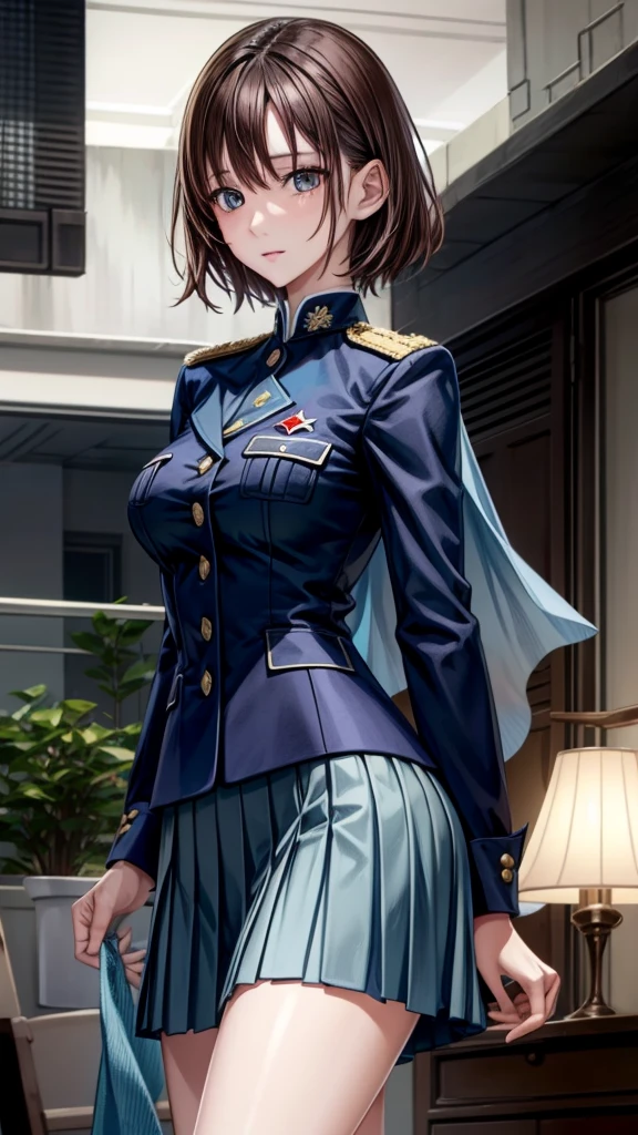 (Maximum resolution, Clear_image), , masterpiece, Very detailed, Semi-realistic, Brunette woman with shawl, Black pupil, Mature, Mature woman, Imperial sister, Sexy, Short hair, Three bangs, Light blue uniform, Light blue jacket, Soldier, Light blue pleated skirt, military uniform, warrior frontline, future, Science fiction, universe