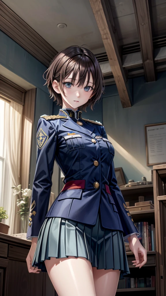 (Maximum resolution, Clear_image), , masterpiece, Very detailed, Semi-realistic, Brunette woman with shawl, Black pupil, Mature, Mature woman, Imperial sister, Sexy, Short hair, Three bangs, Light blue uniform, Light blue jacket, Soldier, Light blue pleated skirt, military uniform, warrior frontline, future, Science fiction, universe