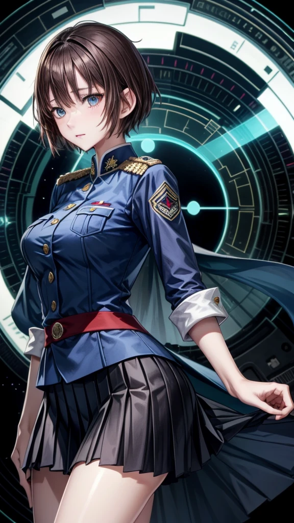 (Maximum resolution, Clear_image), , masterpiece, Very detailed, Semi-realistic, Brunette woman with shawl, Black pupil, Mature, Mature woman, Imperial sister, Sexy, Short hair, Three bangs, Light blue uniform, Light blue jacket, Soldier, Light blue pleated skirt, military uniform, warrior frontline, future, Science fiction, universe