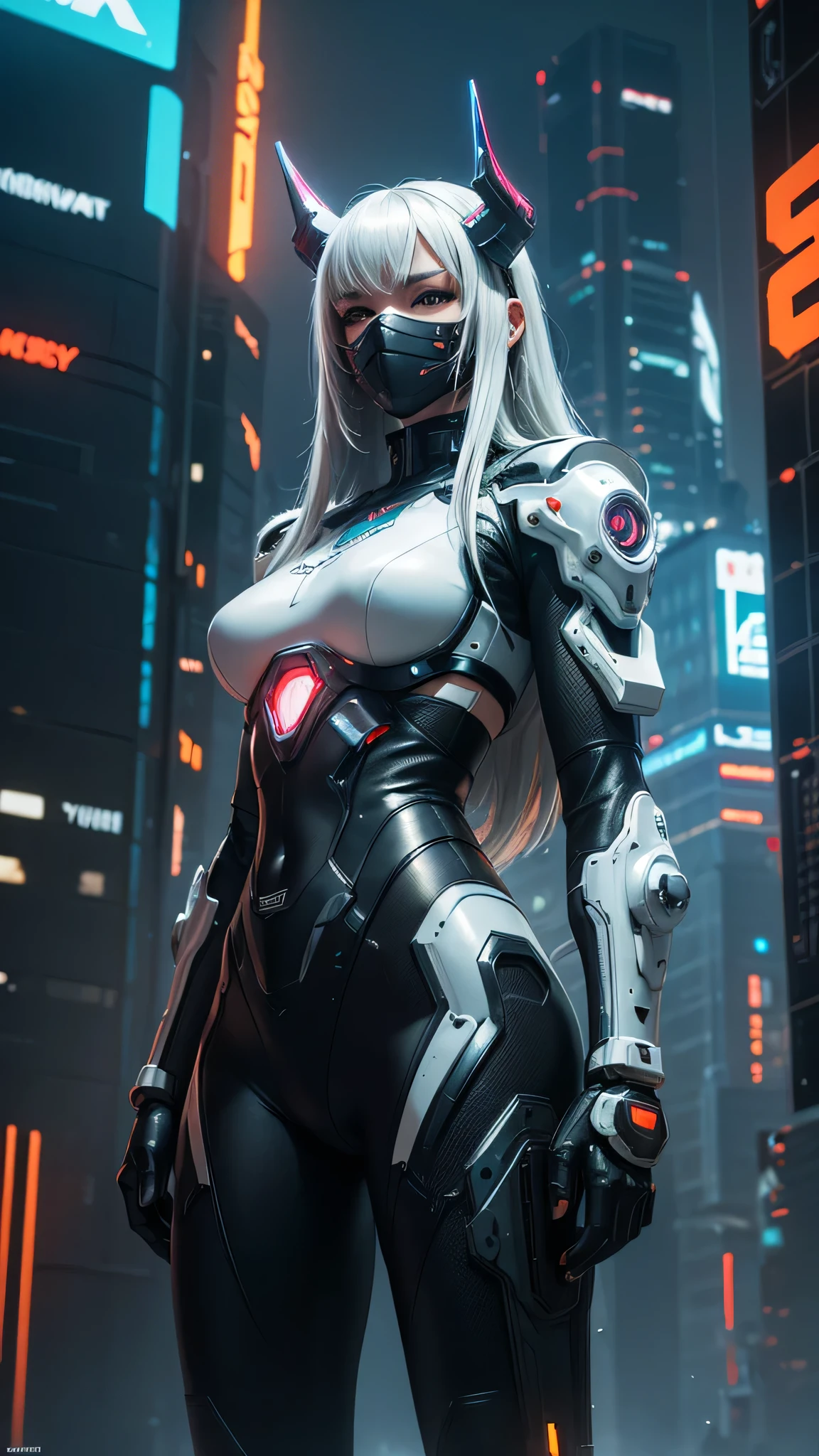 1girl, a beautiful girl cyborg cyberpunk with a cyberpunk city tall buildings, white hair, cybermask, white and orange and black machine suit color combination, the body full of machine, realistic futuristic hologram, asian skin tone, beautiful eye, beautiful asian face, cyber ear machine, suits is solid mecha, realistic machine, sci fi scape, manipulation is a masterpiece, long hair, masterpiece, suit of cyberpunk, realistic sci fi building texture mecha aestethic, digital cyberpunk, looming over a city, cyber technology, realistic hair, lots of hair, white of hair, realistic metal solid texture of building, realistic neon glow, realistic neon sign, wonderful side lighting, realistic futuristic cyberpunk building, realistic girl robot cyberpunk, fog, foogy, masterpiece of detail, RAW IMAGE, depth of field, point of interes, depth of field is masterpiece, best photography composition masterpiece, natural realistic hair, rule of third masterpiece photography, natural lighting, photography masterpiece natural lighting from side, realistic skin texture, strong reflection, ( pose pinterest) masterpiece beautiful, Devil Horns, smooth pixel, ray of light, soft light, small breasts, mastepiece of cyber mask, masterpiece fantasy gun, carry a fantasy weapon, weapon fantasy (artstation)